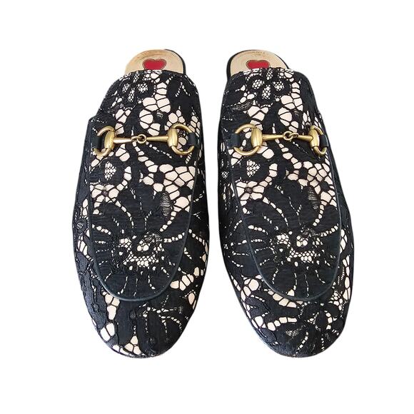 Gucci Princetown Horsebit Mule Flat Size 38 US 8 Black Lace Beige Gold Slip On - Picture 2 of 9